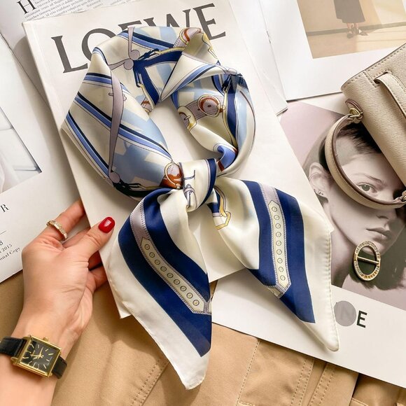 Women Blue Chain Headscarf Satin Bandana Pattern Polyester Breathable Scarves - Picture 7 of 7